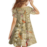 Beige Palaka Hawaiian And Japanese Kid Short Sleeve Dress Sakura Lei With Koi Fish - Polynesian Pride