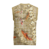 Beige Palaka Hawaiian And Japanese Christmas Knitted V-Neck Vest Sakura Lei With Koi Fish DT05 - Polynesian Pride
