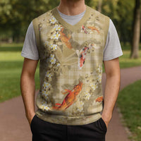 Beige Palaka Hawaiian And Japanese Christmas Knitted V-Neck Vest Sakura Lei With Koi Fish DT05 - Polynesian Pride