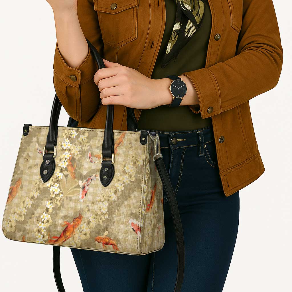 Beige Palaka Hawaiian And Japanese Leather Bag Sakura Lei With Koi Fish - Polynesian Pride