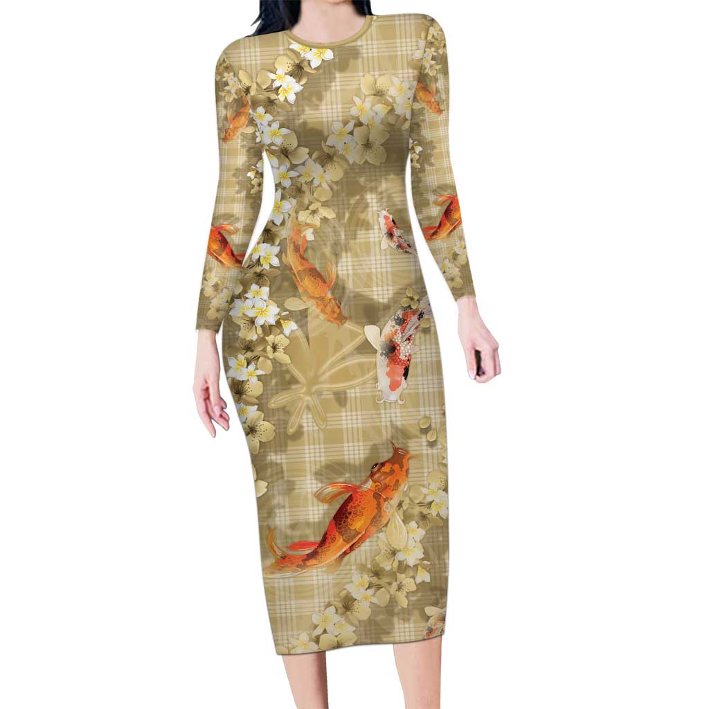 Beige Palaka Hawaiian And Japanese Long Sleeve Bodycon Dress Sakura Lei With Koi Fish DT05 Long Dress Beige - Polynesian Pride