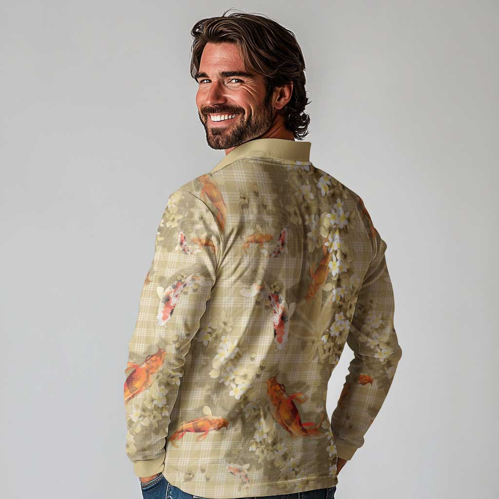 Beige Palaka Hawaiian And Japanese Long Sleeve Polo Shirt Sakura Lei With Koi Fish - Polynesian Pride