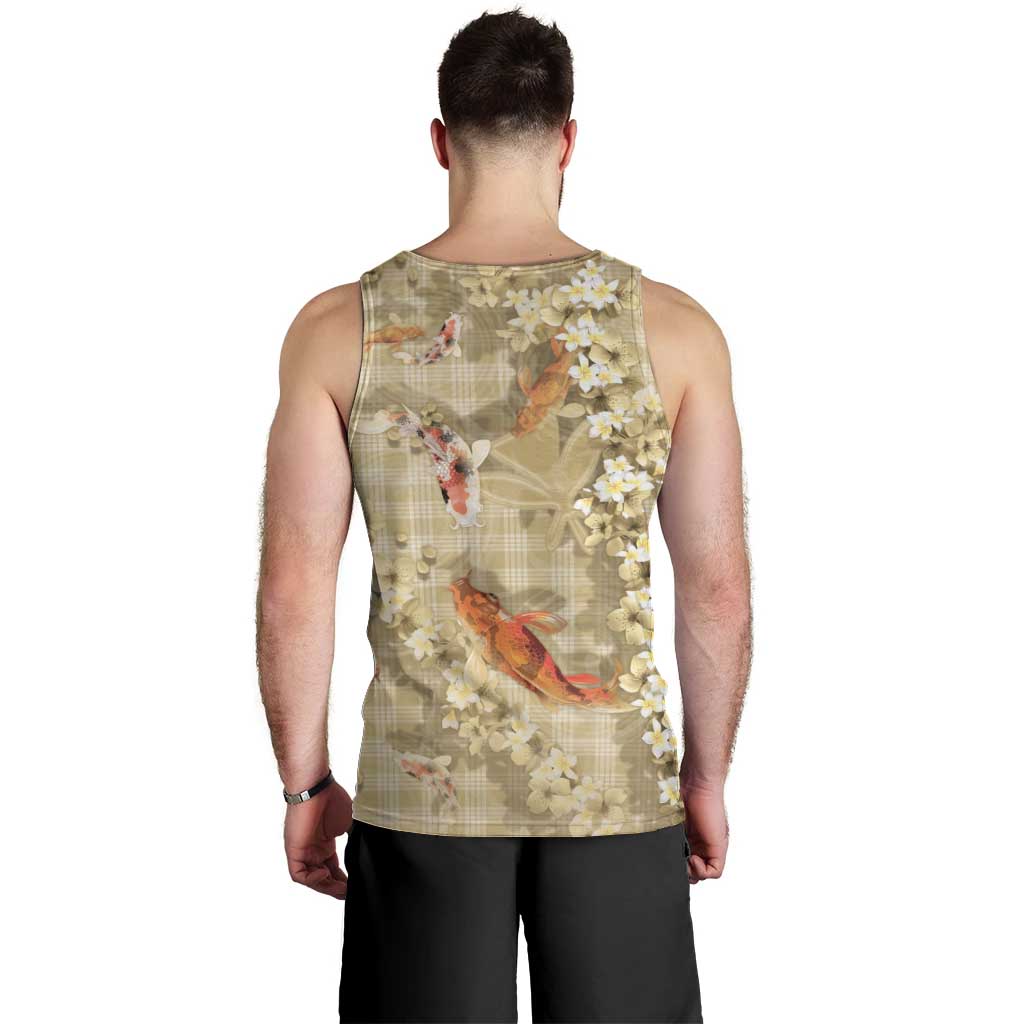 Beige Palaka Hawaiian And Japanese Men Tank Top Sakura Lei With Koi Fish - Polynesian Pride