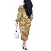 Beige Palaka Hawaiian And Japanese Off The Shoulder Long Sleeve Dress Sakura Lei With Koi Fish DT05 - Polynesian Pride