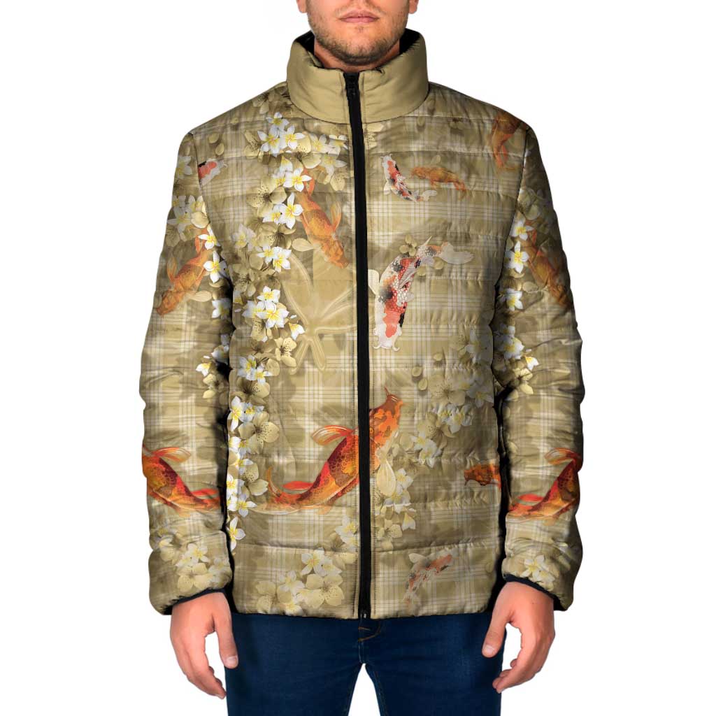 Beige Palaka Hawaiian And Japanese Padded Jacket Sakura Lei With Koi Fish - Polynesian Pride