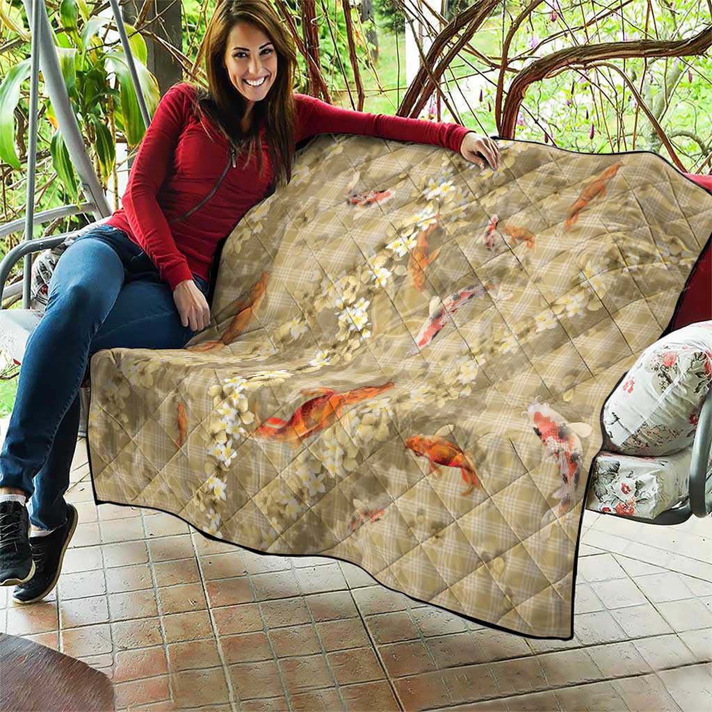 Beige Palaka Hawaiian And Japanese Quilt Sakura Lei With Koi Fish - Polynesian Pride