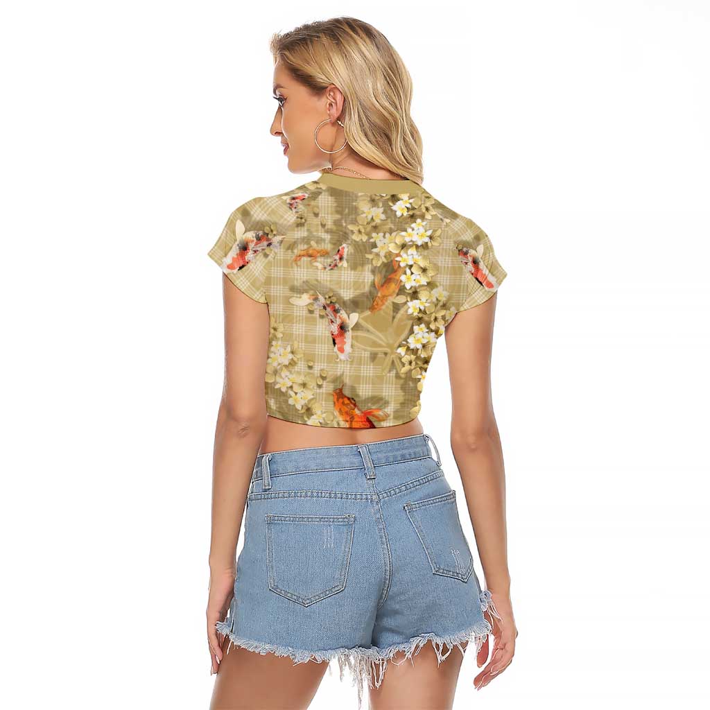 Beige Palaka Hawaiian And Japanese Raglan Cropped T Shirt Sakura Lei With Koi Fish - Polynesian Pride