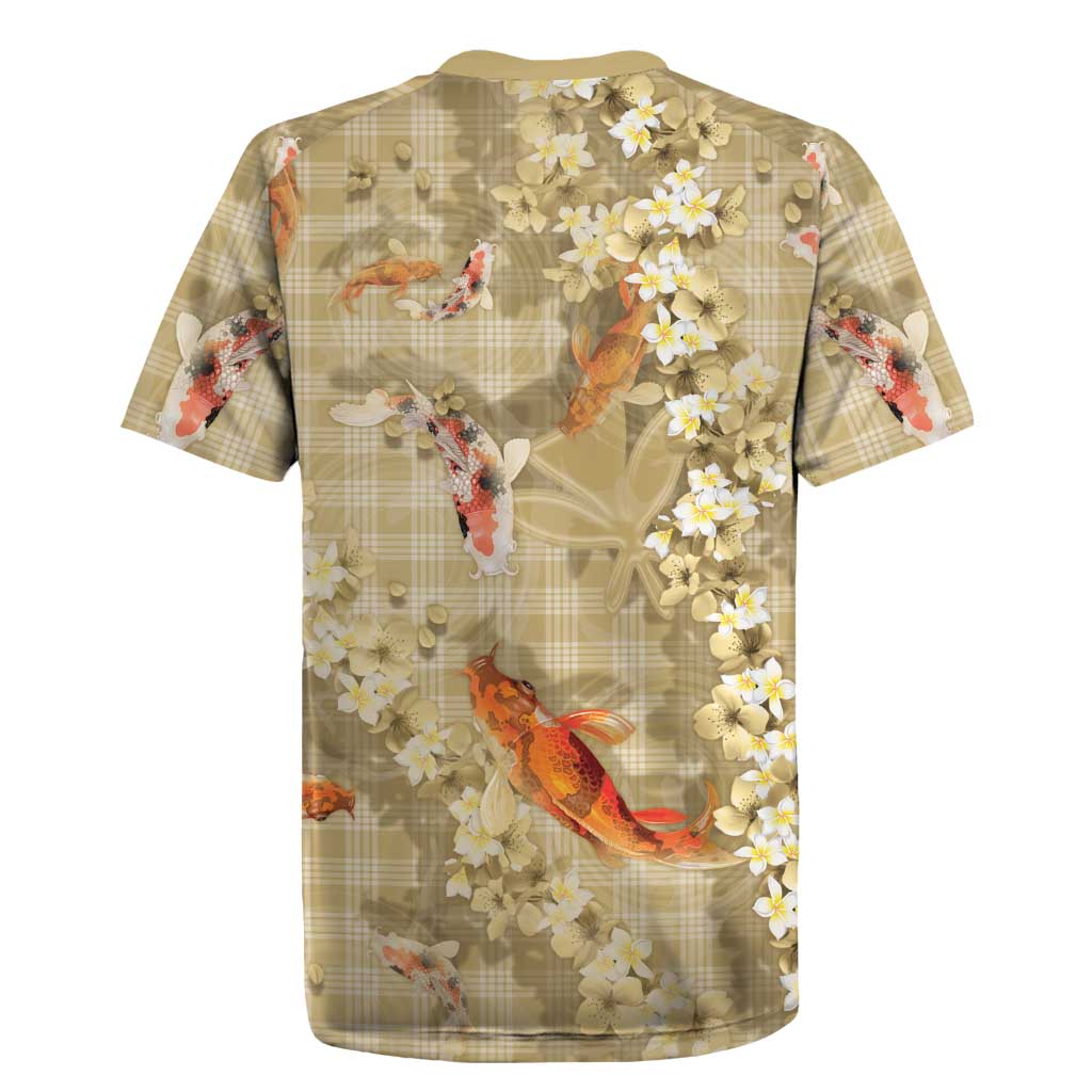 Beige Palaka Hawaiian And Japanese Rugby Jersey Sakura Lei With Koi Fish - Polynesian Pride