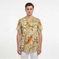 Beige Palaka Hawaiian And Japanese Scrub Top Sakura Lei With Koi Fish - Polynesian Pride
