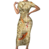 Beige Palaka Hawaiian And Japanese Short Sleeve Bodycon Dress Sakura Lei With Koi Fish DT05 Long Dress Beige - Polynesian Pride