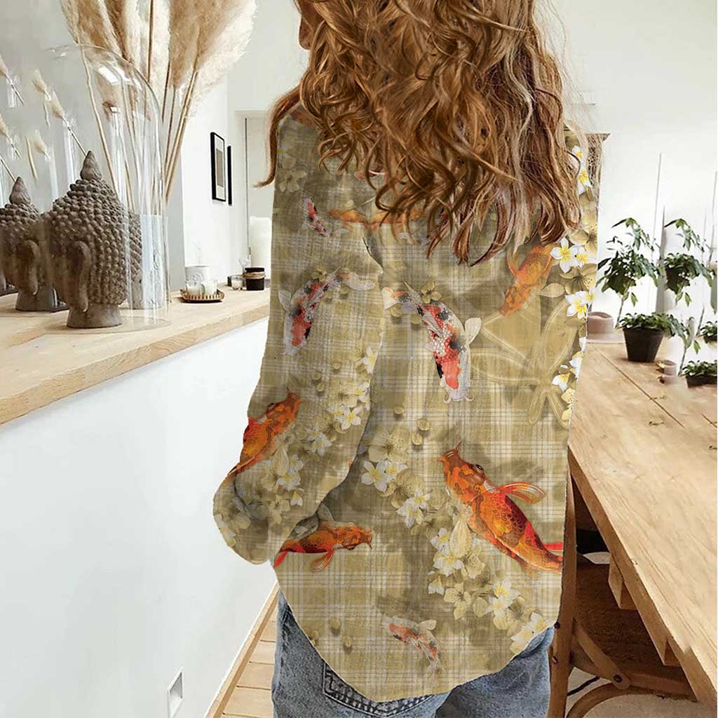 Beige Palaka Hawaiian And Japanese Women Casual Shirt Sakura Lei With Koi Fish DT05 - Polynesian Pride