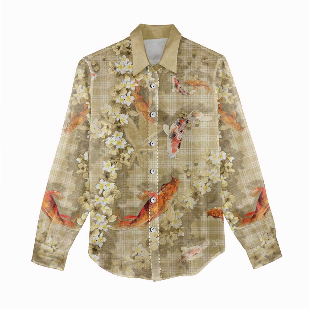 Beige Palaka Hawaiian And Japanese Women Casual Shirt Sakura Lei With Koi Fish DT05 - Polynesian Pride