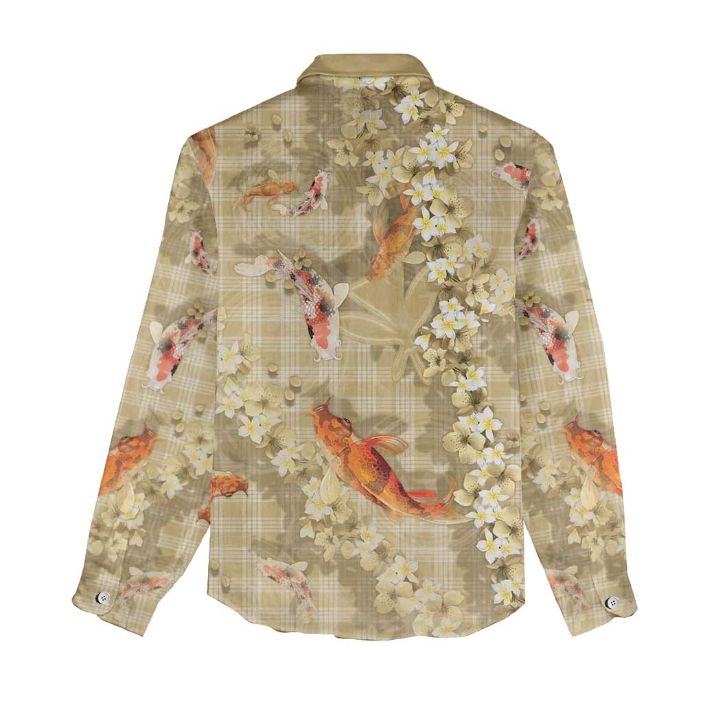 Beige Palaka Hawaiian And Japanese Women Casual Shirt Sakura Lei With Koi Fish DT05 - Polynesian Pride