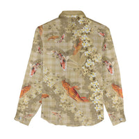 Beige Palaka Hawaiian And Japanese Women Casual Shirt Sakura Lei With Koi Fish DT05 - Polynesian Pride