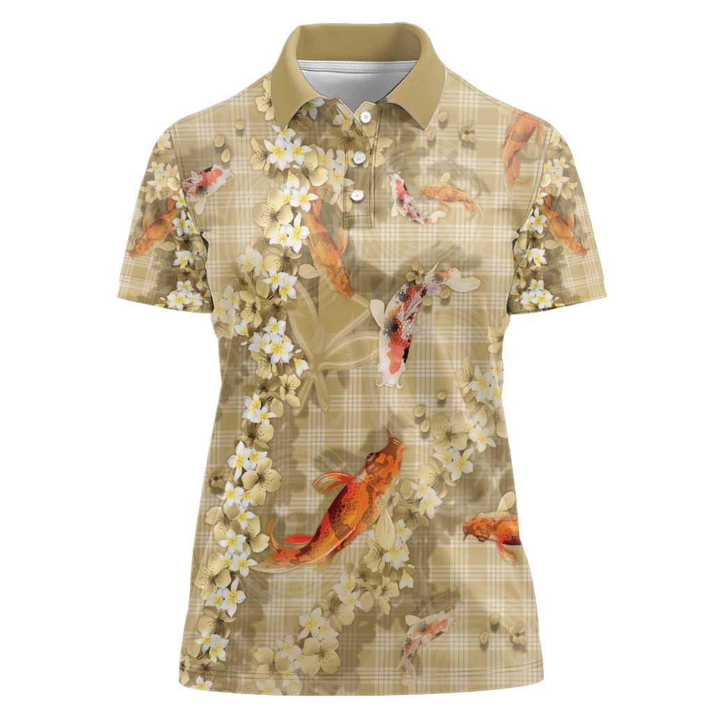 Beige Palaka Hawaiian And Japanese Women Polo Shirt Sakura Lei With Koi Fish - Polynesian Pride