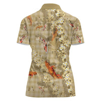 Beige Palaka Hawaiian And Japanese Women Polo Shirt Sakura Lei With Koi Fish - Polynesian Pride