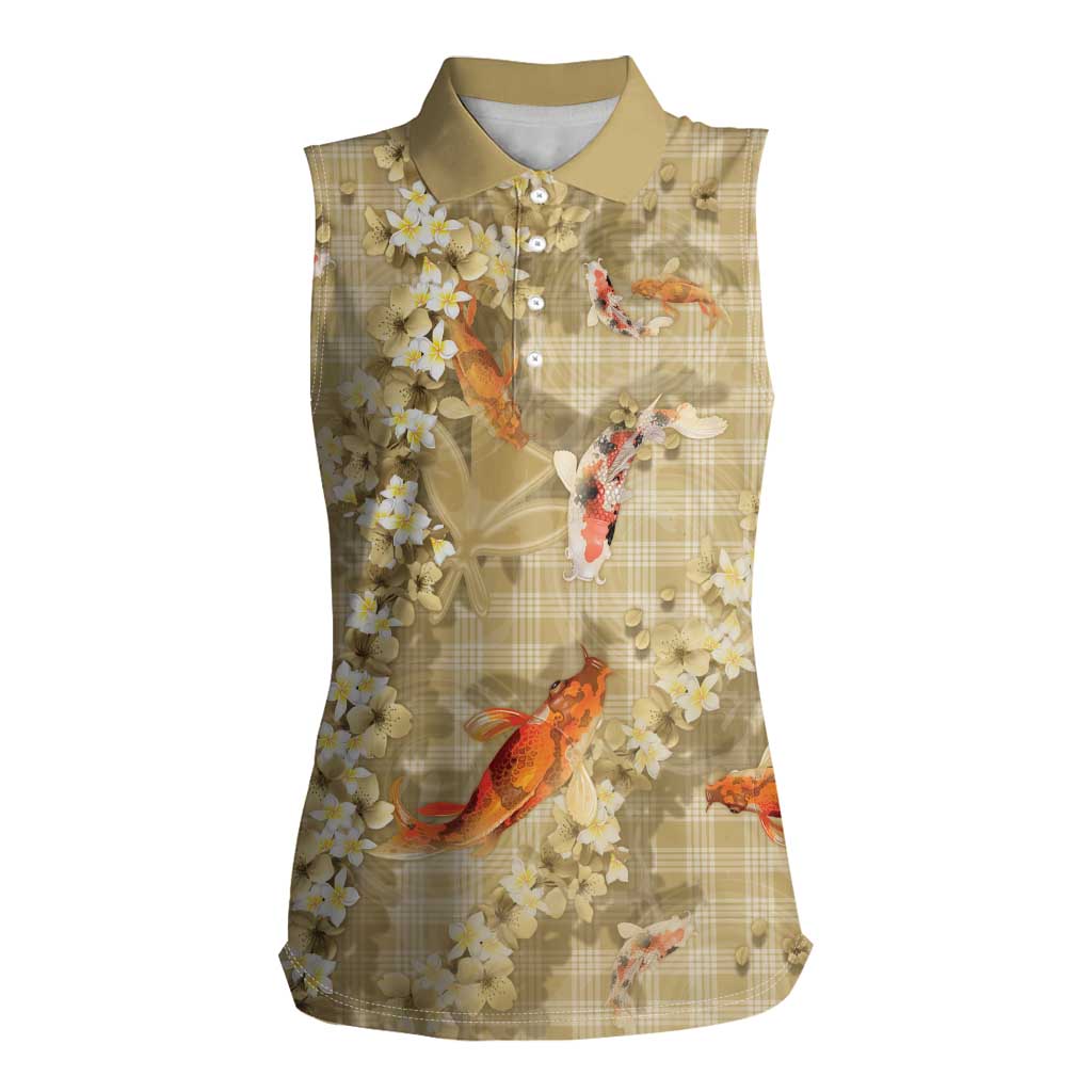 Beige Palaka Hawaiian And Japanese Women Sleeveless Polo Shirt Sakura Lei With Koi Fish DT05 Female Beige - Polynesian Pride