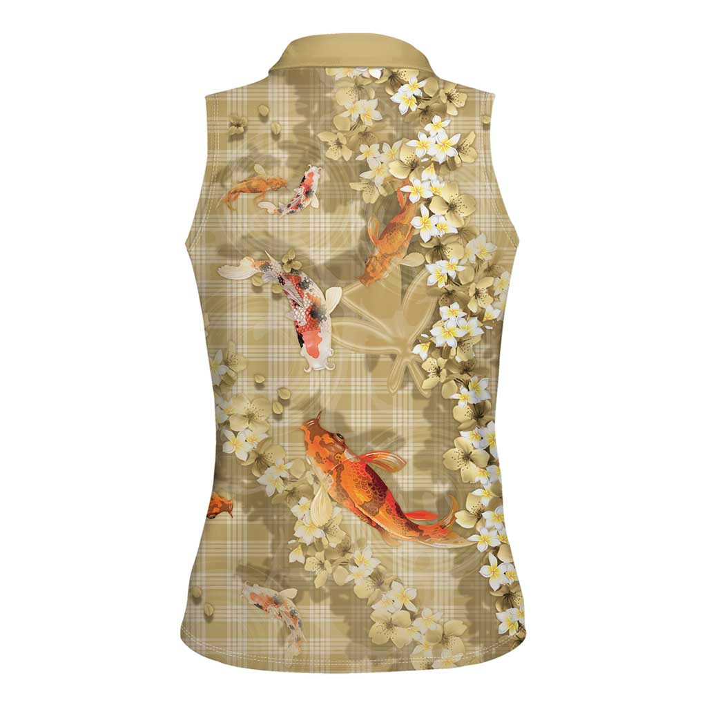 Beige Palaka Hawaiian And Japanese Women Sleeveless Polo Shirt Sakura Lei With Koi Fish DT05 - Polynesian Pride