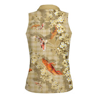 Beige Palaka Hawaiian And Japanese Women Sleeveless Polo Shirt Sakura Lei With Koi Fish DT05 - Polynesian Pride