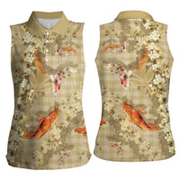 Beige Palaka Hawaiian And Japanese Women Sleeveless Polo Shirt Sakura Lei With Koi Fish DT05 - Polynesian Pride