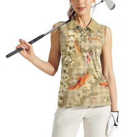 Beige Palaka Hawaiian And Japanese Women Sleeveless Polo Shirt Sakura Lei With Koi Fish DT05 - Polynesian Pride