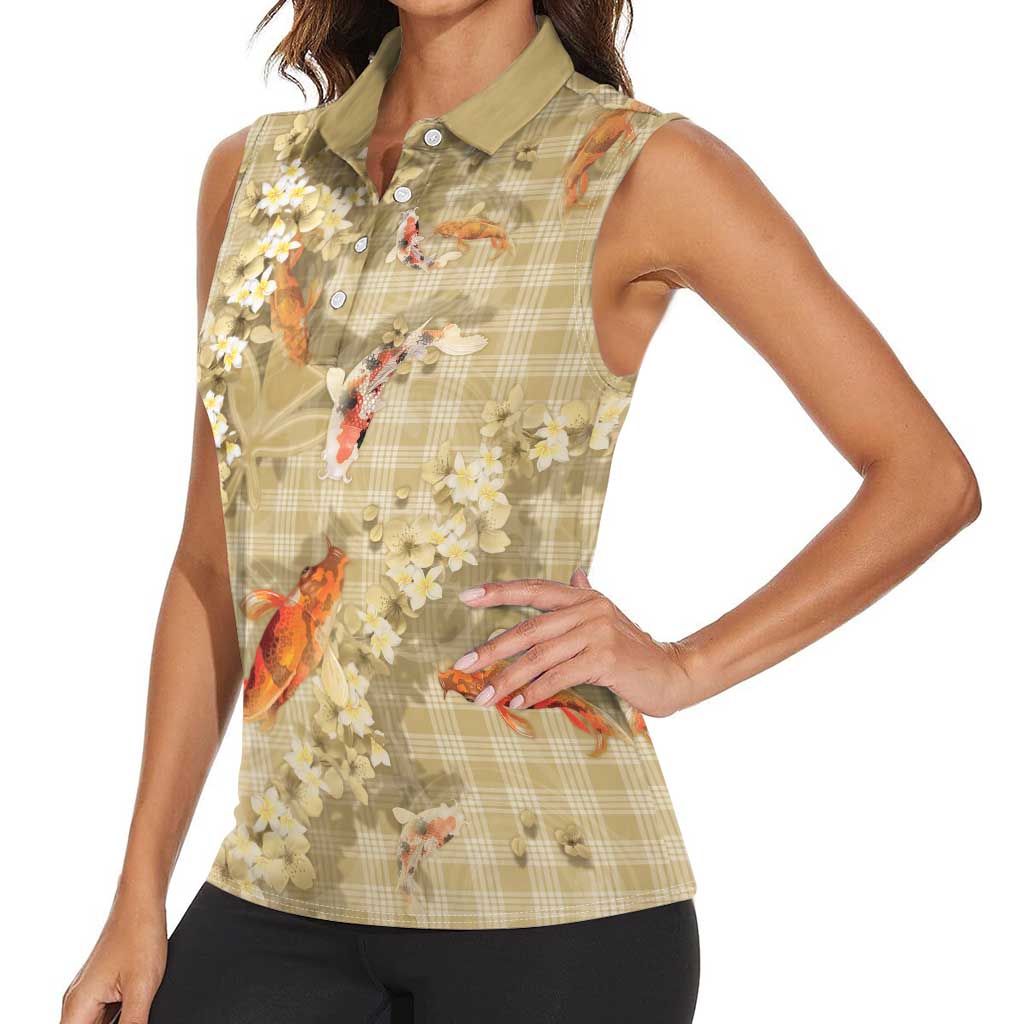 Beige Palaka Hawaiian And Japanese Women Sleeveless Polo Shirt Sakura Lei With Koi Fish DT05 - Polynesian Pride