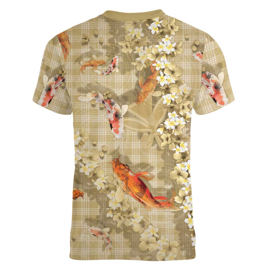 Beige Palaka Hawaiian And Japanese Women V-Neck T-Shirt Sakura Lei With Koi Fish DT05 - Polynesian Pride