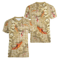 Beige Palaka Hawaiian And Japanese Women V-Neck T-Shirt Sakura Lei With Koi Fish DT05 - Polynesian Pride