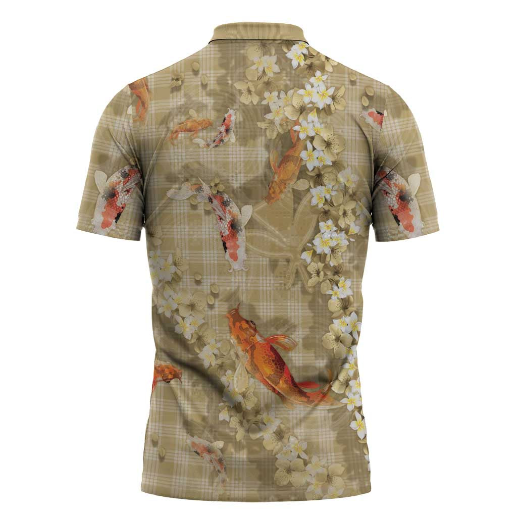 Beige Palaka Hawaiian And Japanese Zipper Polo Shirt Sakura Lei With Koi Fish - Polynesian Pride