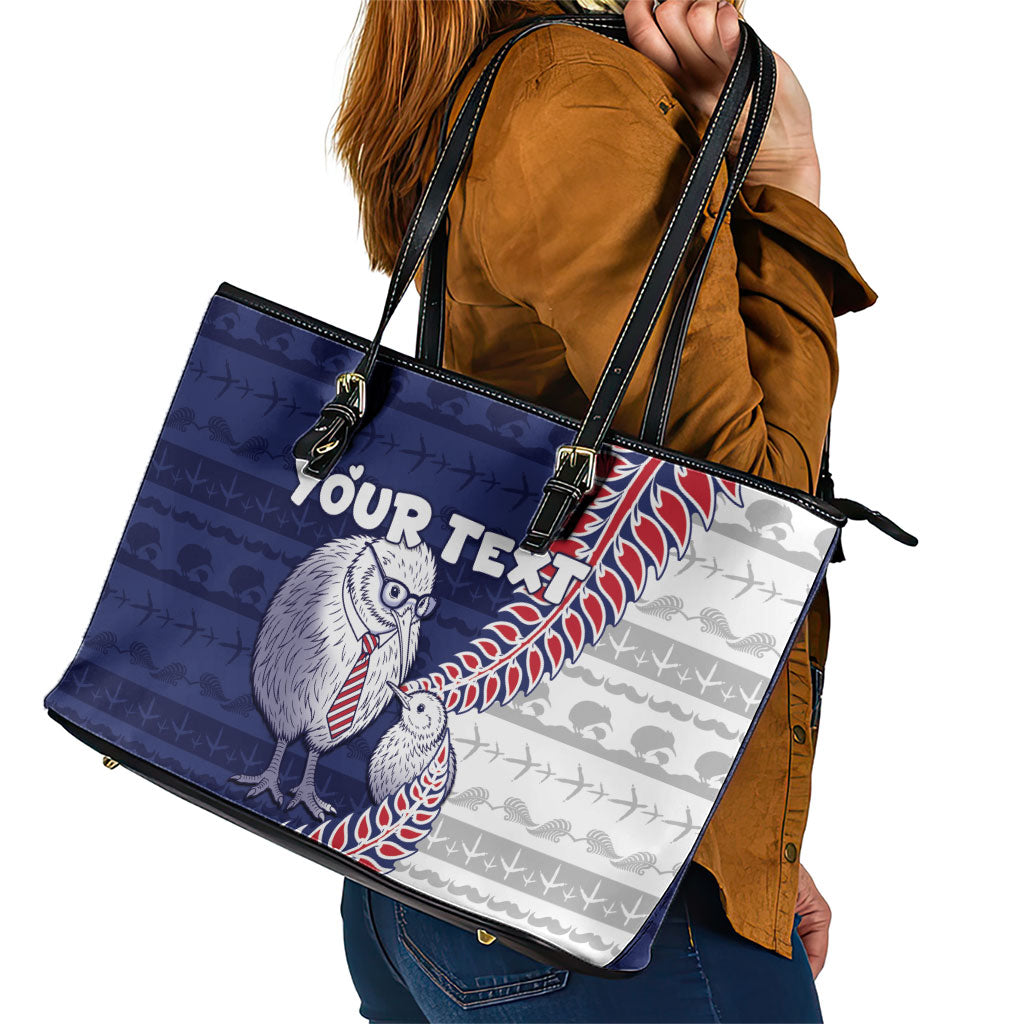 Personalised New Zealand Father's Day Leather Tote Bag Daddy Kiwi Bird Silver Ferns