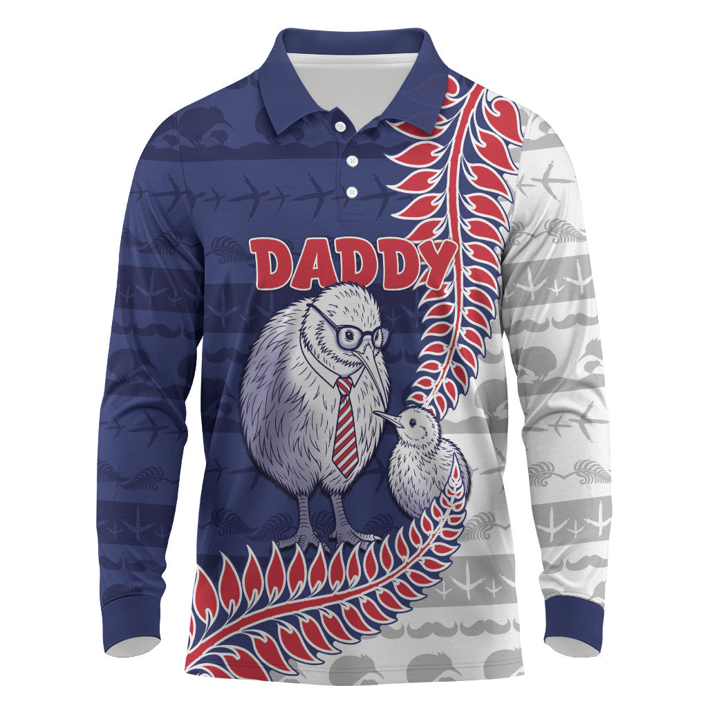Personalised New Zealand Father's Day Long Sleeve Polo Shirt Daddy Kiwi Bird Silver Ferns