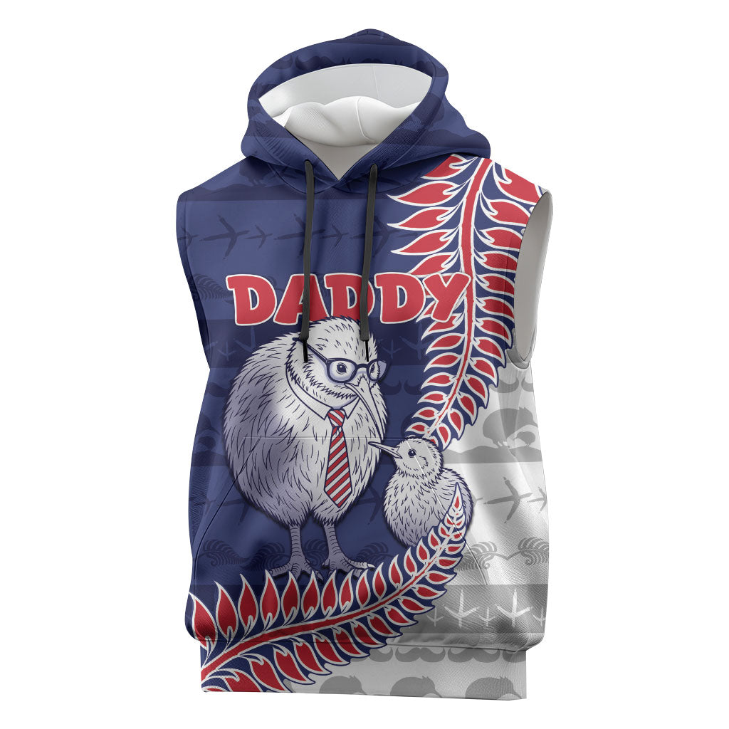 Personalised New Zealand Father's Day Sleeveless Hoodie Daddy Kiwi Bird Silver Ferns