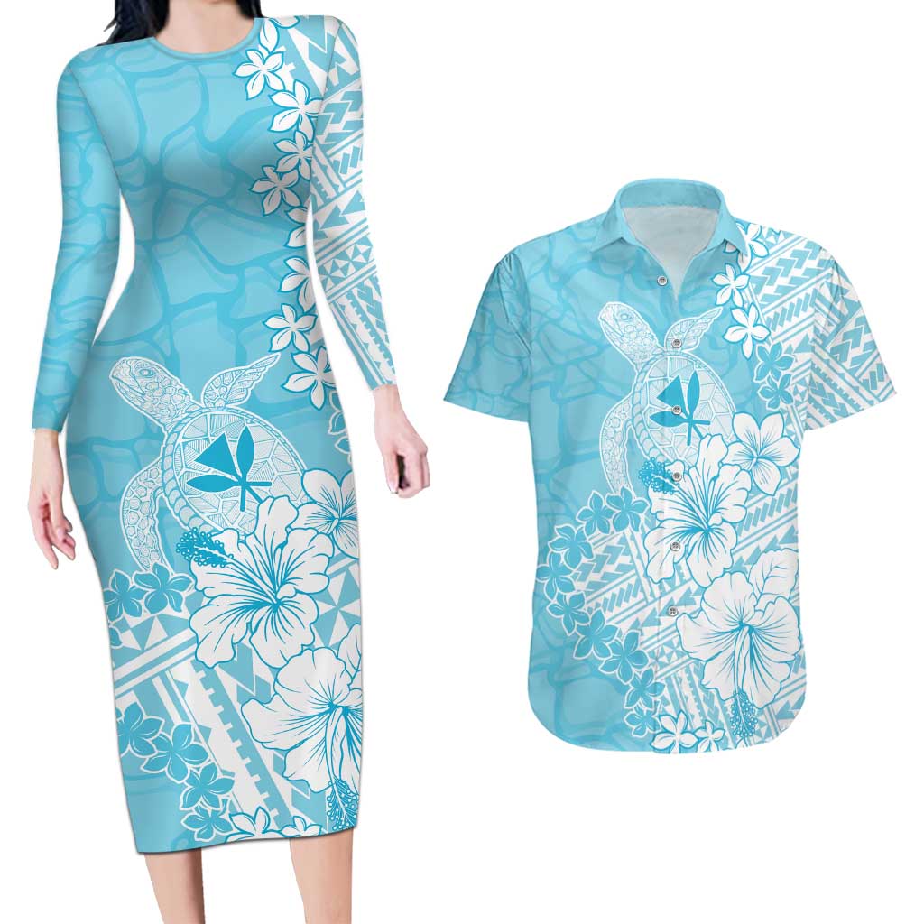 Hawaii Kanaka Maoli Couples Matching Long Sleeve Bodycon Dress and Hawaiian Shirt Polynesian Turtle Tattoo DT05 Blue - Polynesian Pride