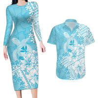 Hawaii Kanaka Maoli Couples Matching Long Sleeve Bodycon Dress and Hawaiian Shirt Polynesian Turtle Tattoo DT05 Blue - Polynesian Pride