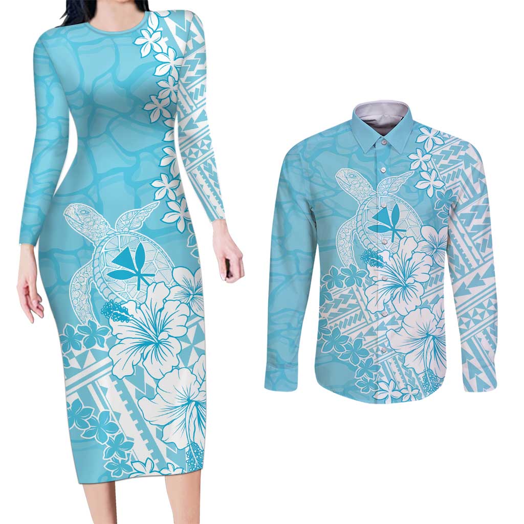 Hawaii Kanaka Maoli Couples Matching Long Sleeve Bodycon Dress and Long Sleeve Button Shirt Polynesian Turtle Tattoo DT05 Blue - Polynesian Pride