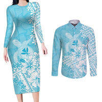 Hawaii Kanaka Maoli Couples Matching Long Sleeve Bodycon Dress and Long Sleeve Button Shirt Polynesian Turtle Tattoo DT05 Blue - Polynesian Pride