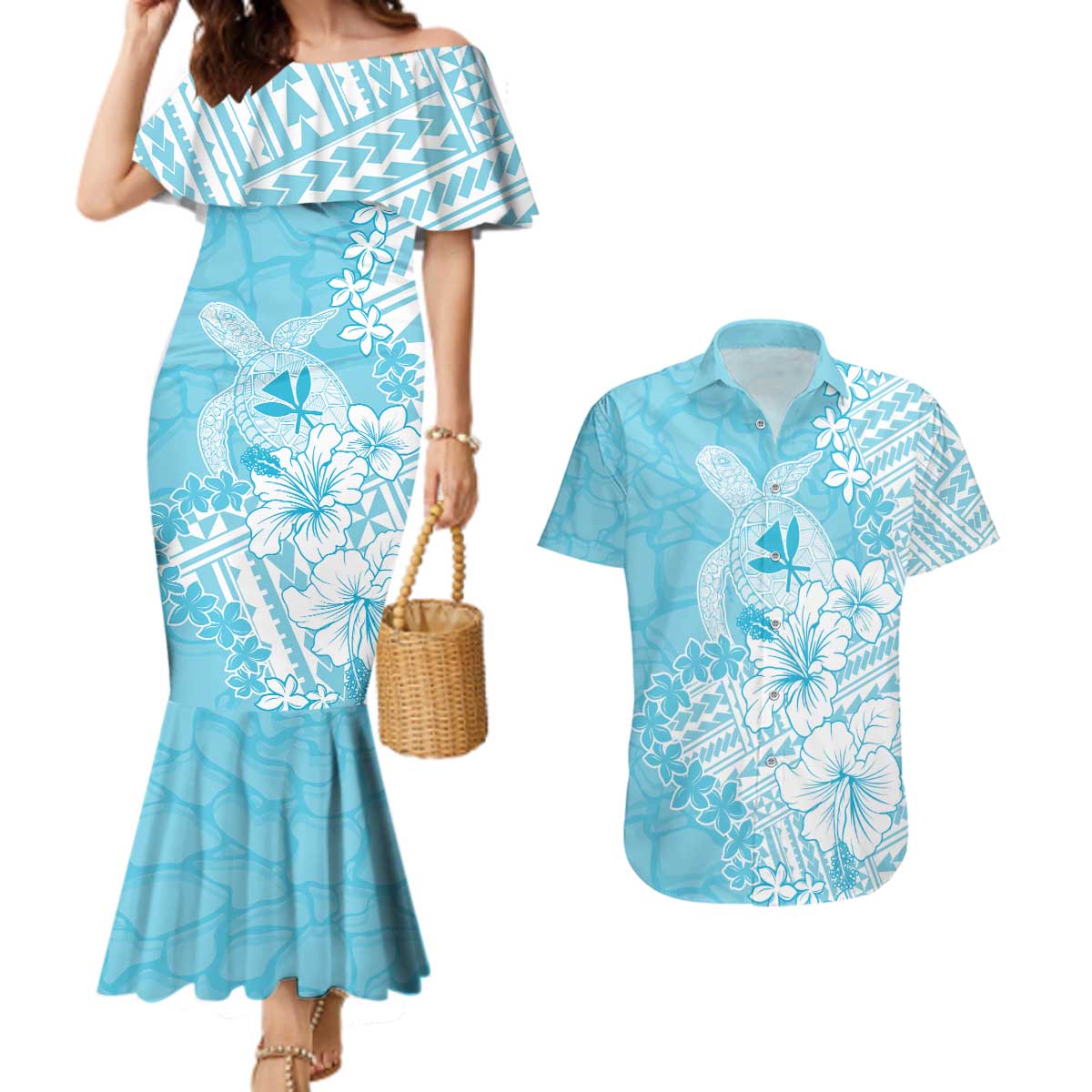 Hawaii Kanaka Maoli Couples Matching Mermaid Dress and Hawaiian Shirt Polynesian Turtle Tattoo DT05 Blue - Polynesian Pride
