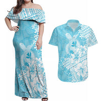 Hawaii Kanaka Maoli Couples Matching Off Shoulder Maxi Dress and Hawaiian Shirt Polynesian Turtle Tattoo DT05 Blue - Polynesian Pride
