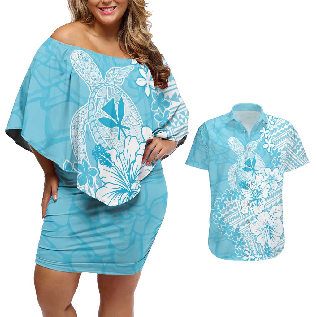 Hawaii Kanaka Maoli Couples Matching Off Shoulder Short Dress and Hawaiian Shirt Polynesian Turtle Tattoo DT05 Blue - Polynesian Pride