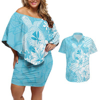Hawaii Kanaka Maoli Couples Matching Off Shoulder Short Dress and Hawaiian Shirt Polynesian Turtle Tattoo DT05 Blue - Polynesian Pride