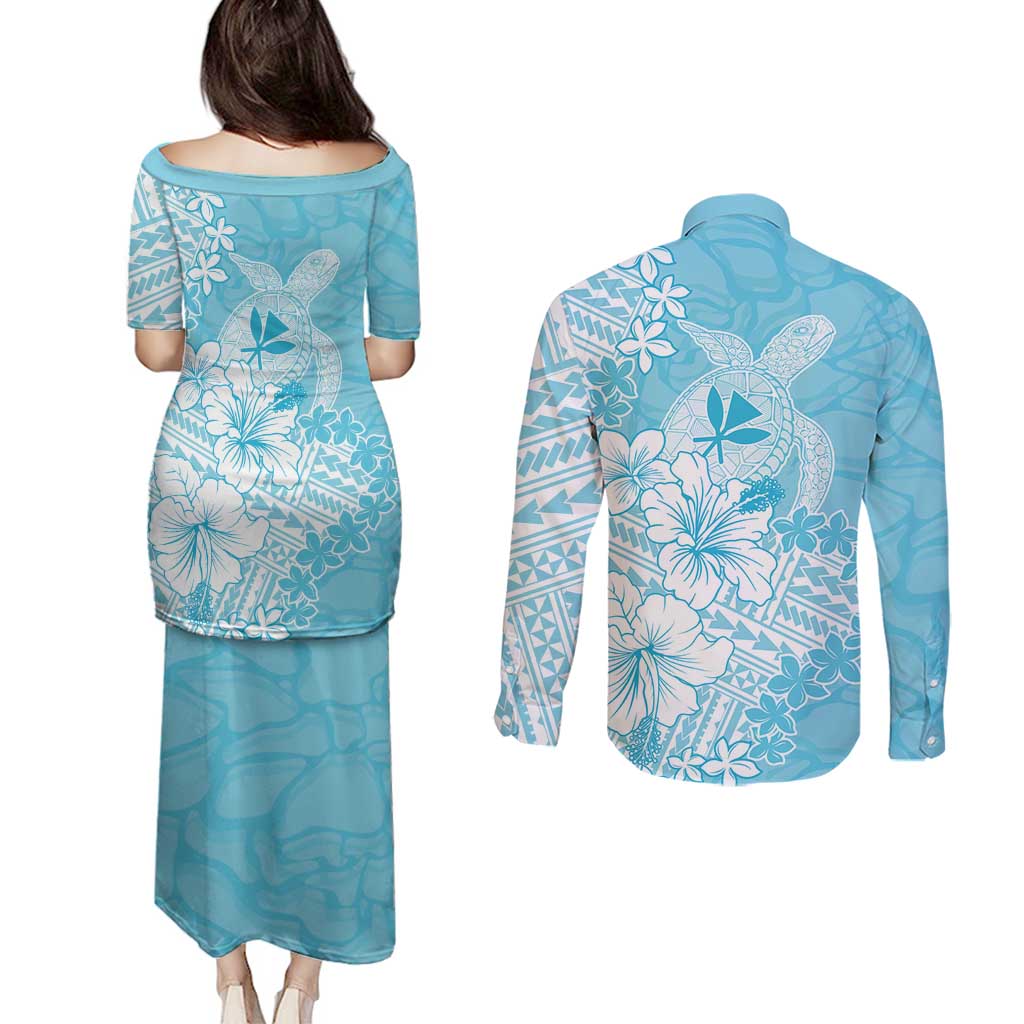 Hawaii Kanaka Maoli Couples Matching Puletasi and Long Sleeve Button Shirt Polynesian Turtle Tattoo
