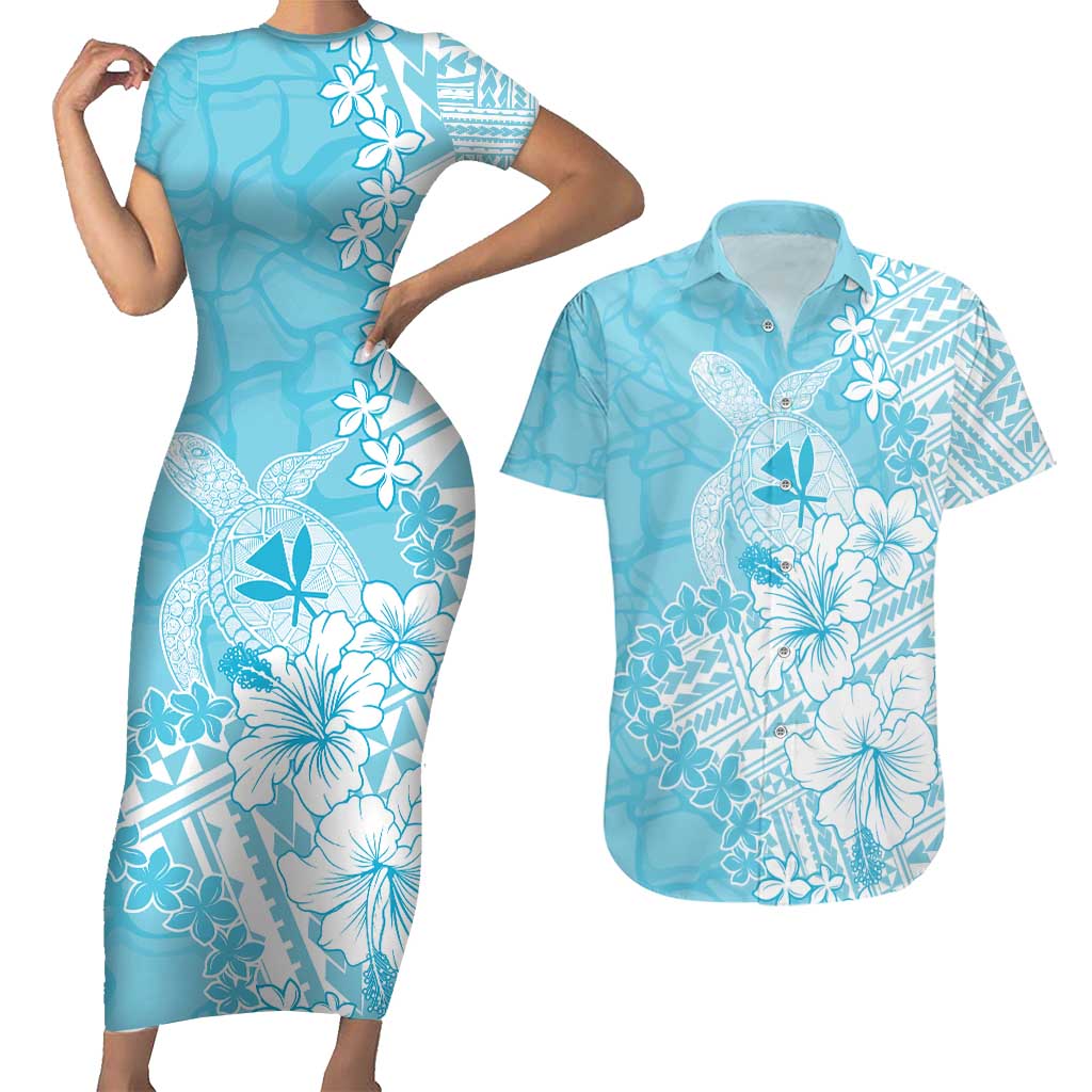 Hawaii Kanaka Maoli Couples Matching Short Sleeve Bodycon Dress and Hawaiian Shirt Polynesian Turtle Tattoo DT05 Blue - Polynesian Pride
