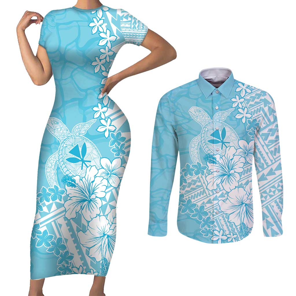 Hawaii Kanaka Maoli Couples Matching Short Sleeve Bodycon Dress and Long Sleeve Button Shirt Polynesian Turtle Tattoo DT05 Blue - Polynesian Pride