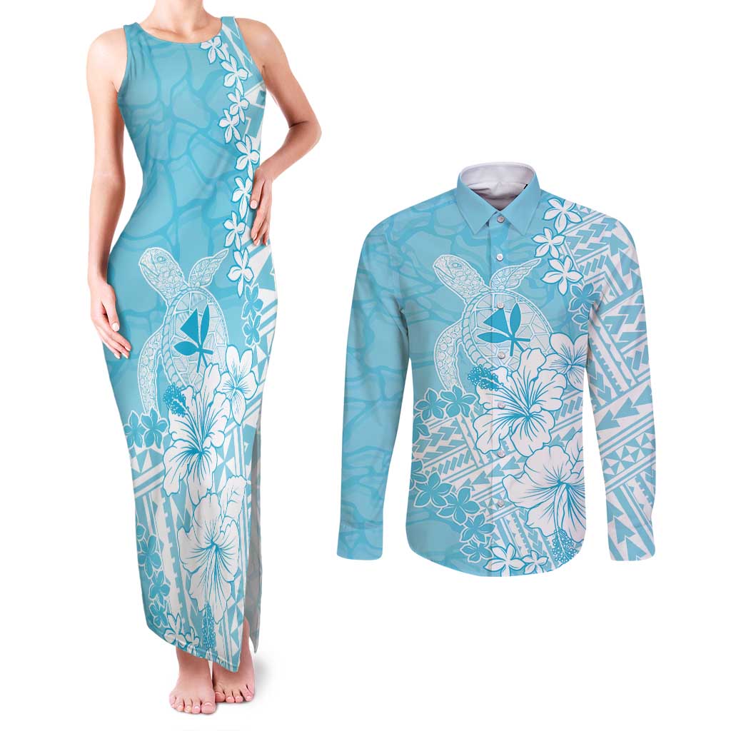 Hawaii Kanaka Maoli Couples Matching Tank Maxi Dress and Long Sleeve Button Shirt Polynesian Turtle Tattoo DT05 Blue - Polynesian Pride