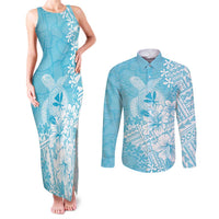 Hawaii Kanaka Maoli Couples Matching Tank Maxi Dress and Long Sleeve Button Shirt Polynesian Turtle Tattoo DT05 Blue - Polynesian Pride
