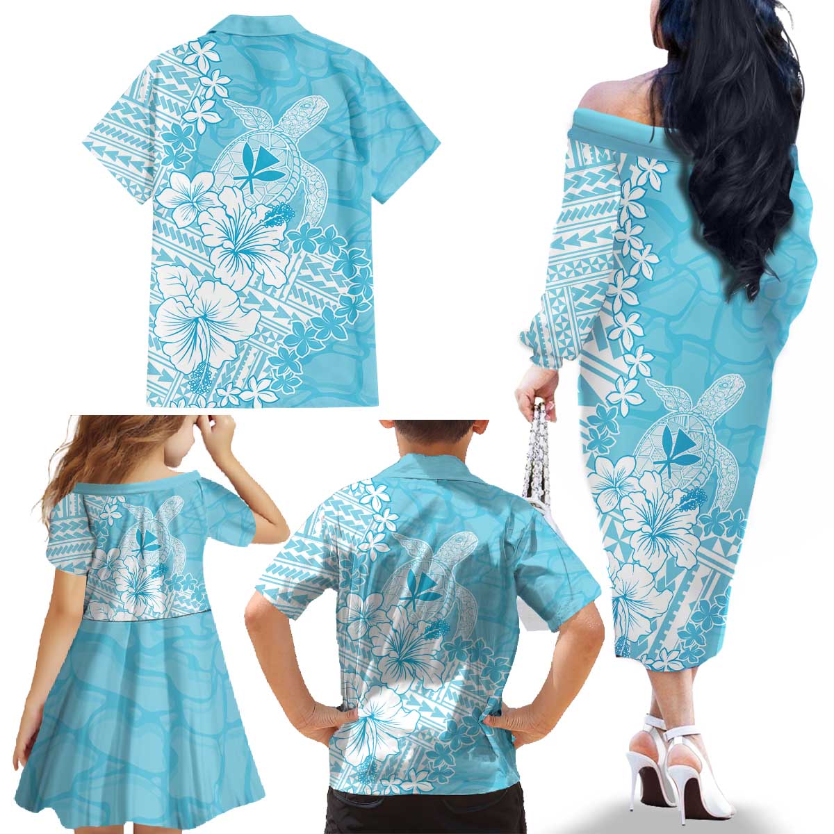 Hawaii Kanaka Maoli Family Matching Off The Shoulder Long Sleeve Dress and Hawaiian Shirt Polynesian Turtle Tattoo DT05 - Polynesian Pride