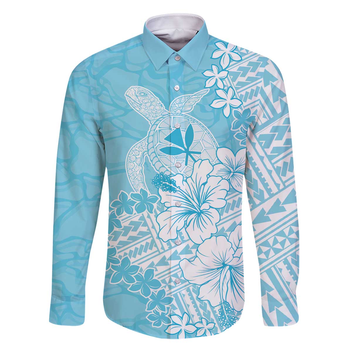 Hawaii Kanaka Maoli Family Matching Off The Shoulder Long Sleeve Dress and Hawaiian Shirt Polynesian Turtle Tattoo DT05 Dad's Shirt - Long Sleeve Blue - Polynesian Pride