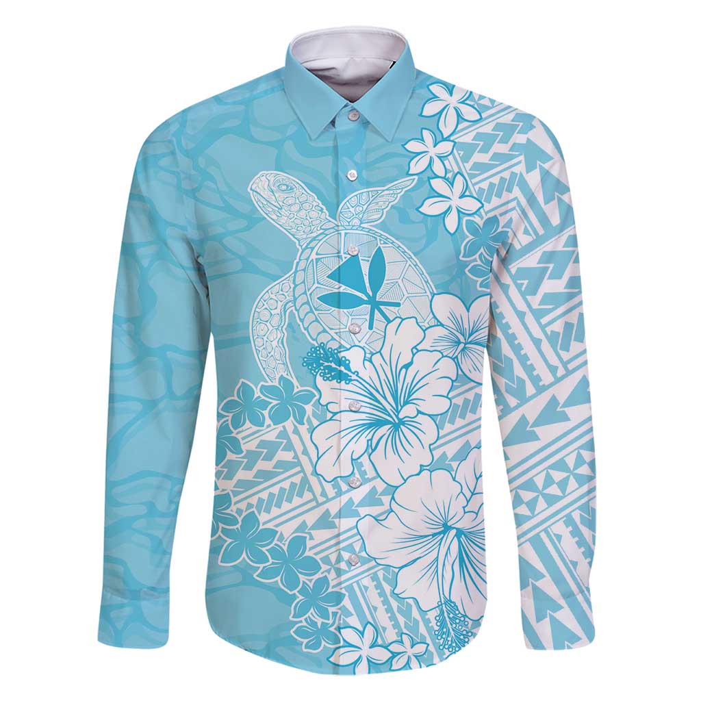 Hawaii Kanaka Maoli Family Matching Off Shoulder Short Dress and Hawaiian Shirt Polynesian Turtle Tattoo DT05 Dad's Shirt - Long Sleeve Blue - Polynesian Pride