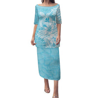 Hawaii Kanaka Maoli Family Matching Puletasi and Hawaiian Shirt Polynesian Turtle Tattoo DT05 Mom's Dress Blue - Polynesian Pride