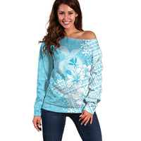 Hawaii Kanaka Maoli Off Shoulder Sweater Polynesian Turtle Tattoo DT05 Women Blue - Polynesian Pride